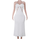 Self tie cross back v neck lace ruched midi dress