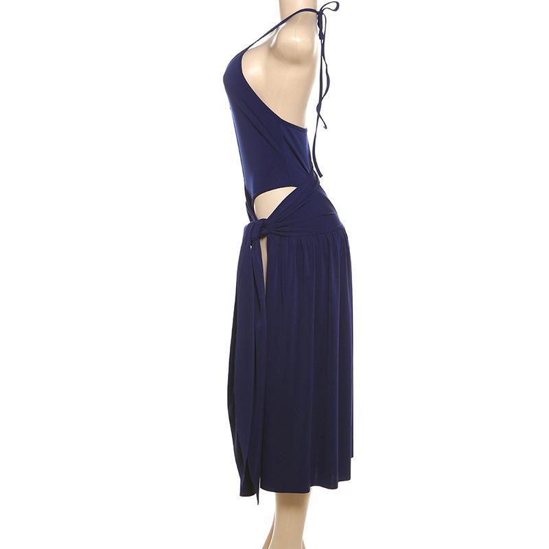 Conjunto de falda midi con cuello en V profundo fruncido y botones con lazo estilo halter 