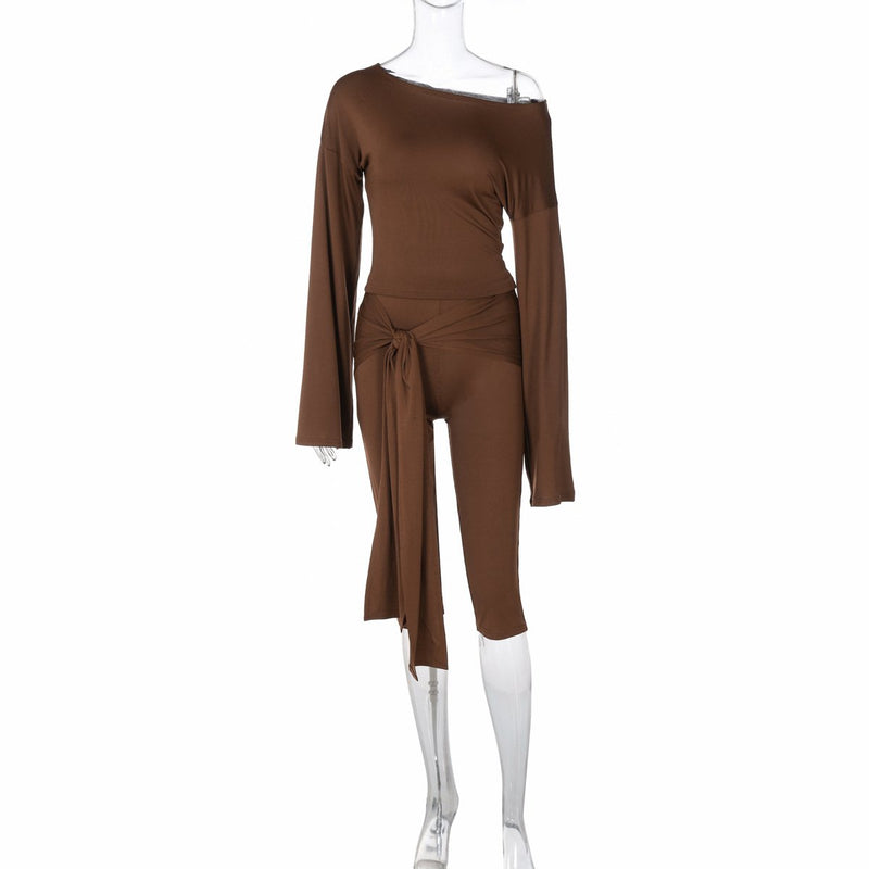 Ensemble pantalon uni à manches longues et taille moyenne irrégulier 