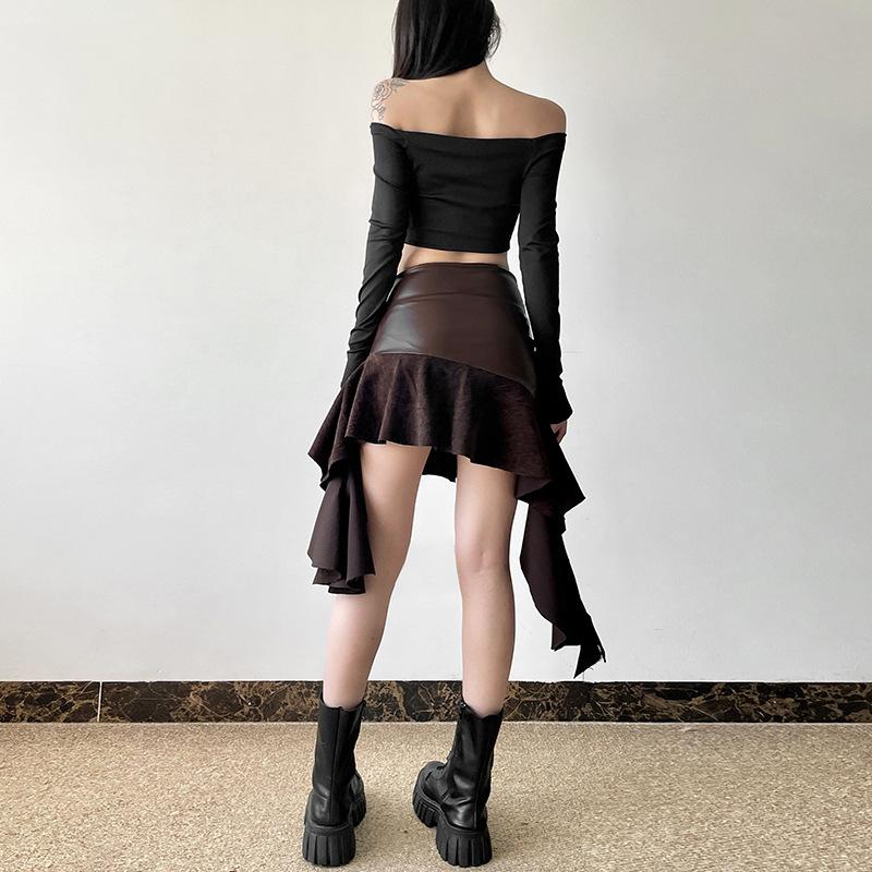 Irregular ruffle PU leather buckle mini skirt