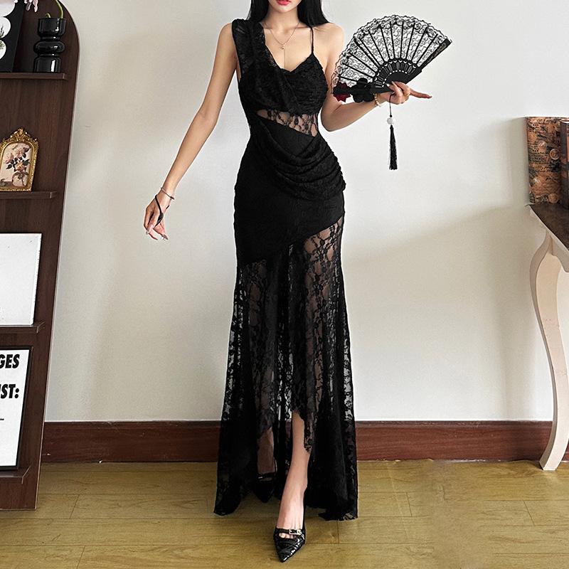 Vestido largo camisola liso con fruncido de encaje irregular 