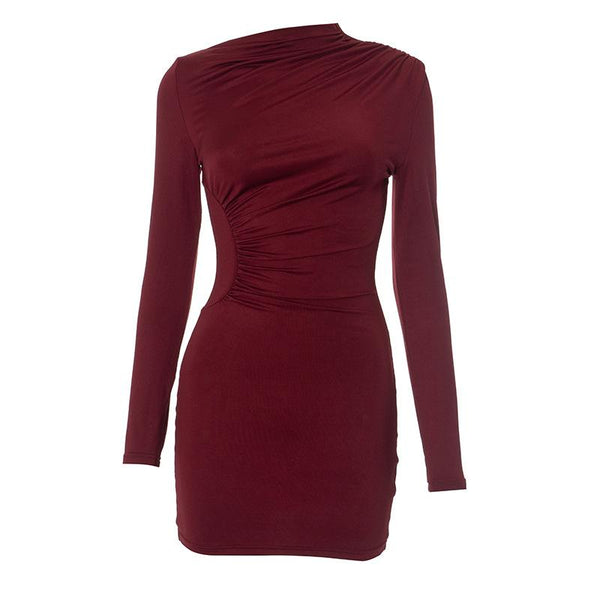 Vestido mini liso irregular con mangas largas fruncidas 