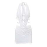 Minivestido halter con dobladillo de encaje anudado y calado 