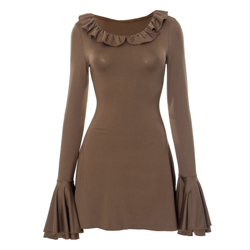 Robe mini froncée à manches longues évasées et col rond à volants 