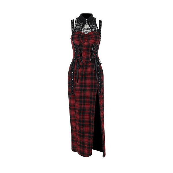 Robe midi fendue en dentelle à imprimé écossais ajouré 