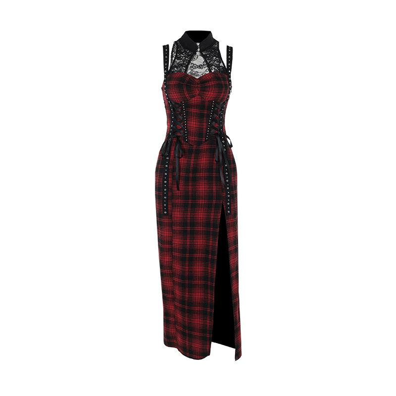 Robe midi fendue en dentelle à imprimé écossais ajouré 