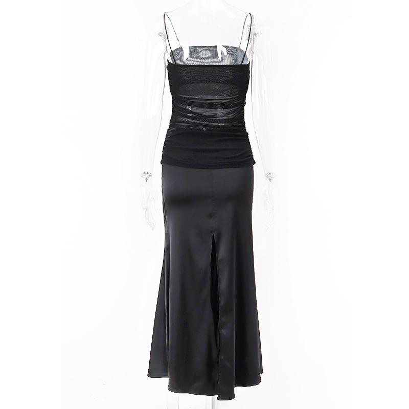 Ruched slit mesh spaghetti strap midi dress