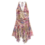 Halter self tie ruched print mesh v neck mini dress