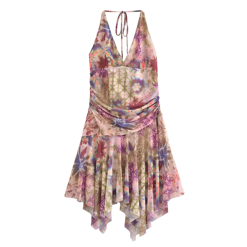 Halter self tie ruched print mesh v neck mini dress