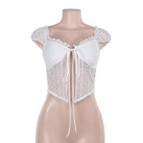 Ruffle v neck lace cap sleeve self tie crop top