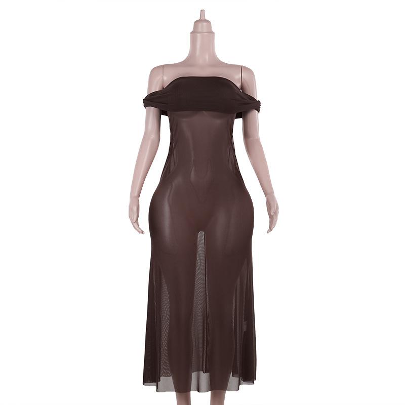 Robe longue transparente en maille froncée à épaules dénudées 