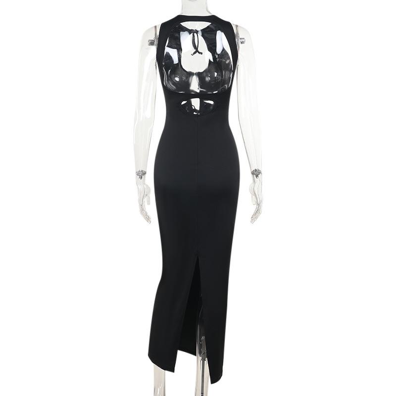 Vestido midi liso con cuello redondo, abertura y lazo 