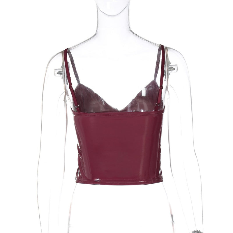 Top camisola de piel sintética con cuello en V y espalda descubierta 