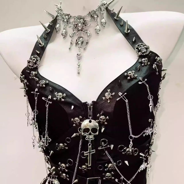 Metal chain o ring skull applique zip-up mini skirt set