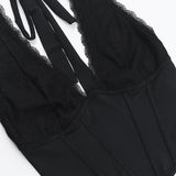 Top tipo corsé con escote en V profundo y dobladillo de encaje con lazo tipo halter 