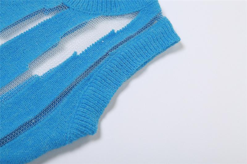 Crewneck knitted mesh patchwork mini dress