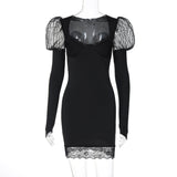 Vestido mini liso con escote en U y manga larga con dobladillo de encaje 