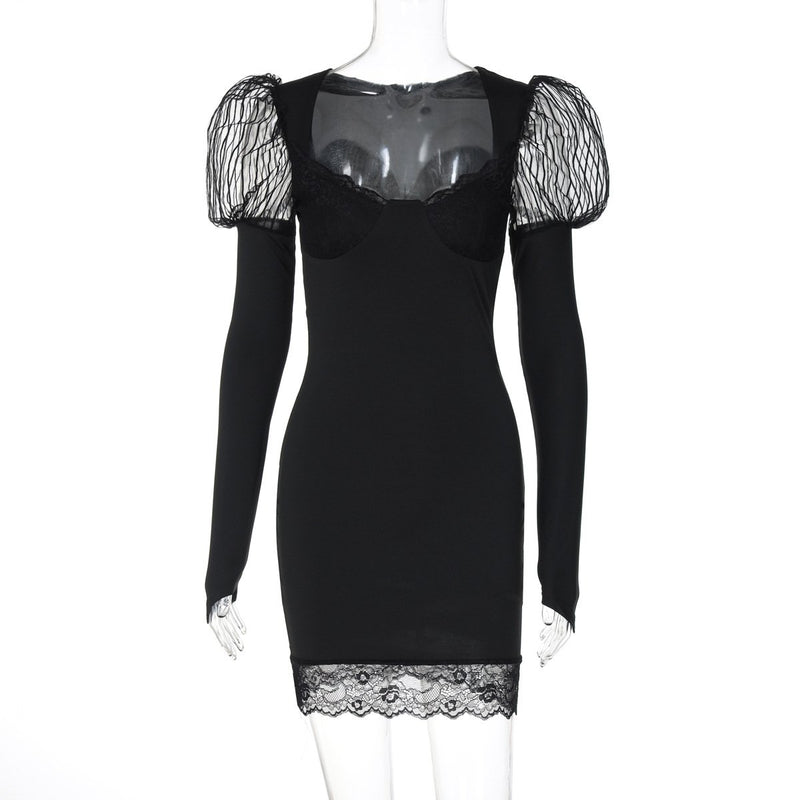 Vestido mini liso con escote en U y manga larga con dobladillo de encaje 