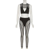 Crewneck hollow out mesh medium rise pant set