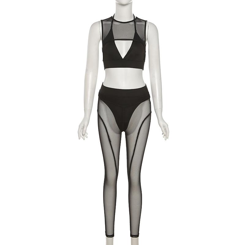 Crewneck hollow out mesh medium rise pant set