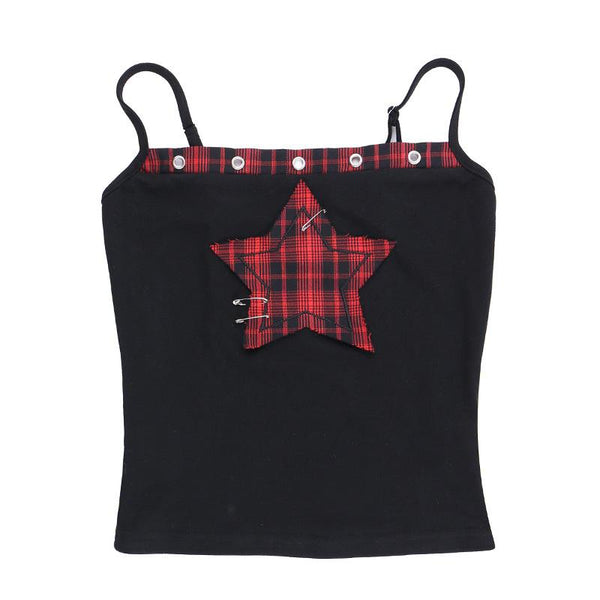 Square neck hollow out star print plaid cami top
