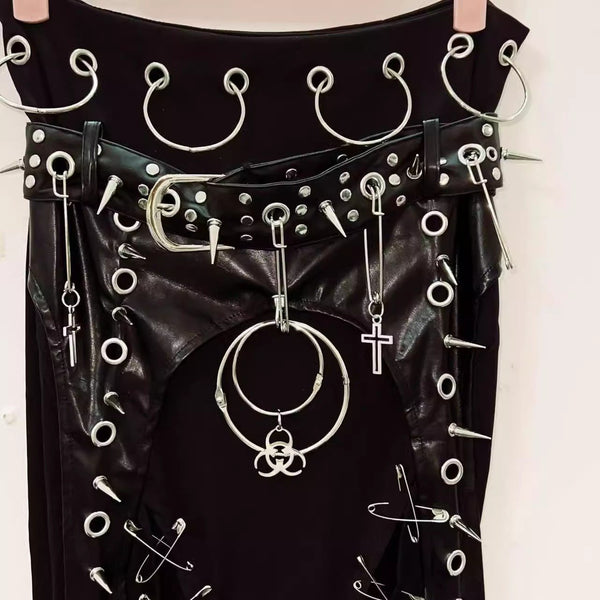 O ring rivet applique PU leather solid maxi skirt