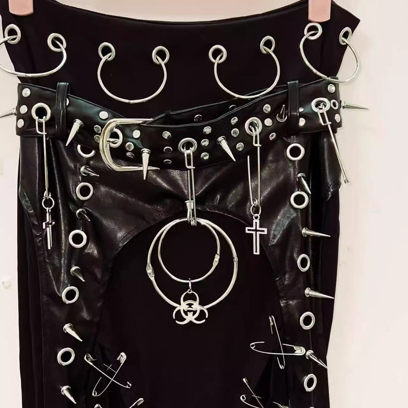 O ring rivet applique PU leather solid maxi skirt
