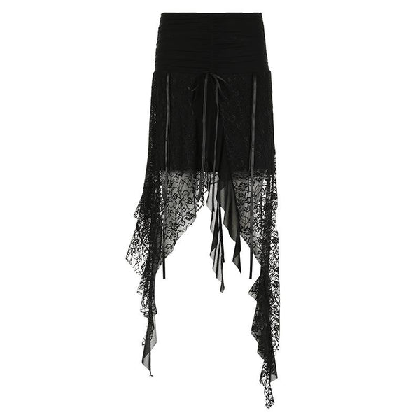 Irregular bowknot ribbon ruched lace solid midi skirt