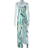 Halter self tie cross front high slit striped print maxi dress