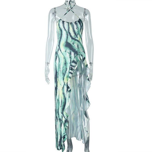 Robe longue à rayures et imprimé à fente haute, licou et noué sur le devant 