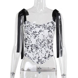 Self tie u neck ribbon print contrast cami top