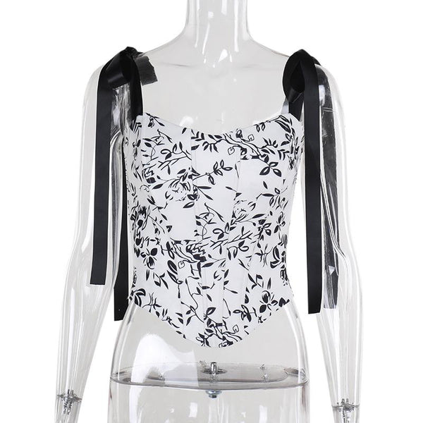 Self tie u neck ribbon print contrast cami top