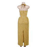 Vestido largo de encaje con cuello halter, abertura, cremallera y lazo 