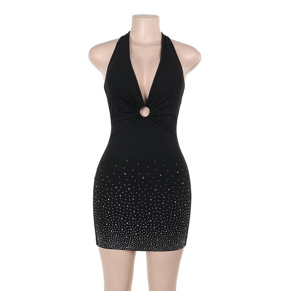 Mini-robe licou à nouer soi-même, froncée et perlée, col en V 