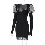 Vestido mini liso con escote en U y manga larga con dobladillo de encaje 