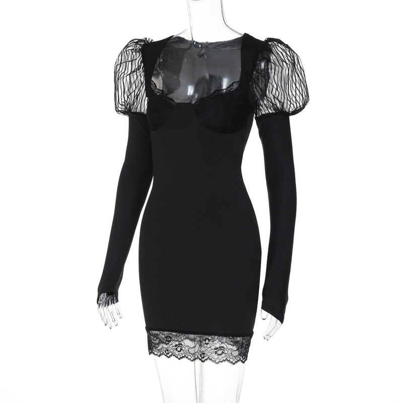 Vestido mini liso con escote en U y manga larga con dobladillo de encaje 