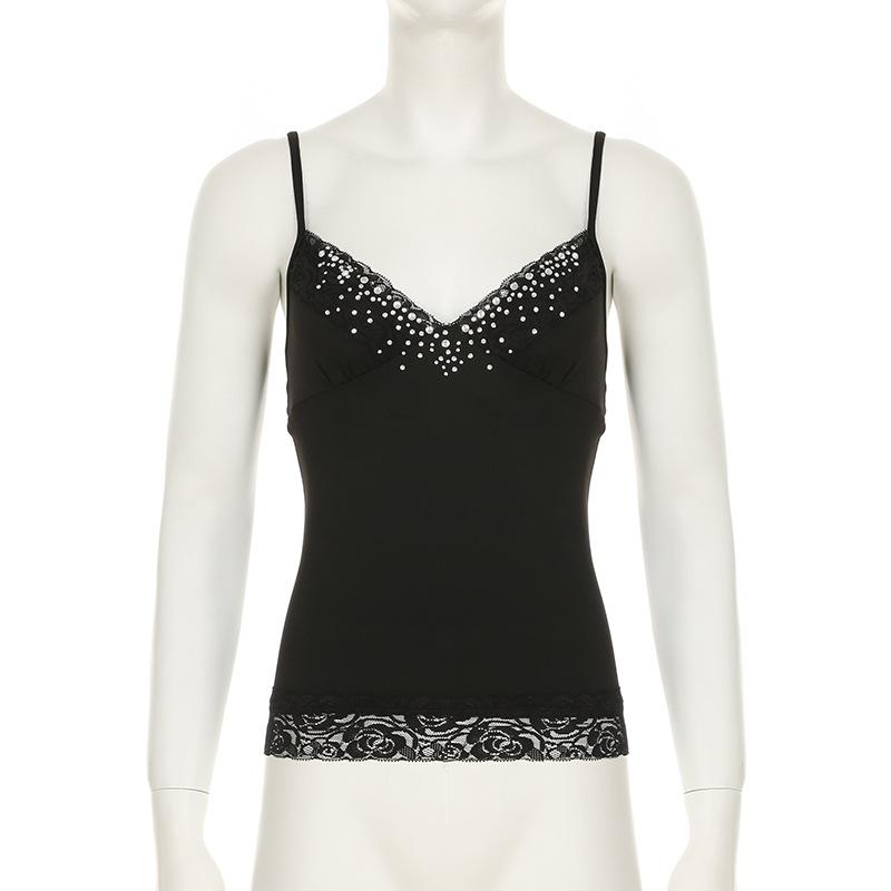 Haut camisole dos nu à col en V et ourlet en dentelle perlée 