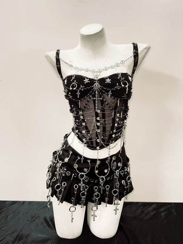 O ring hollow out pleated A line cross applique mini skirt