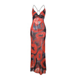 Robe longue à bretelles spaghetti et col bénitier en maille transparente 