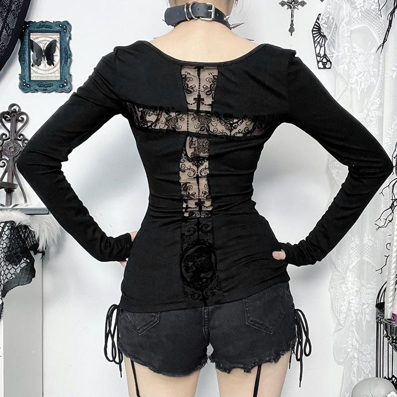 Top de manga larga con cuello redondo y estampado cruzado 