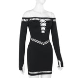 Robe mini ajourée à manches longues et épaules dénudées 