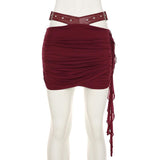 Ruched hollow out PU leather irregular mini skirt
