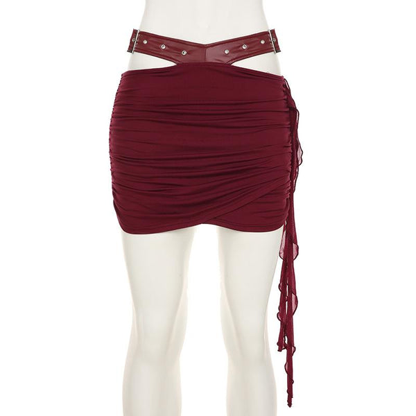 Ruched hollow out PU leather irregular mini skirt
