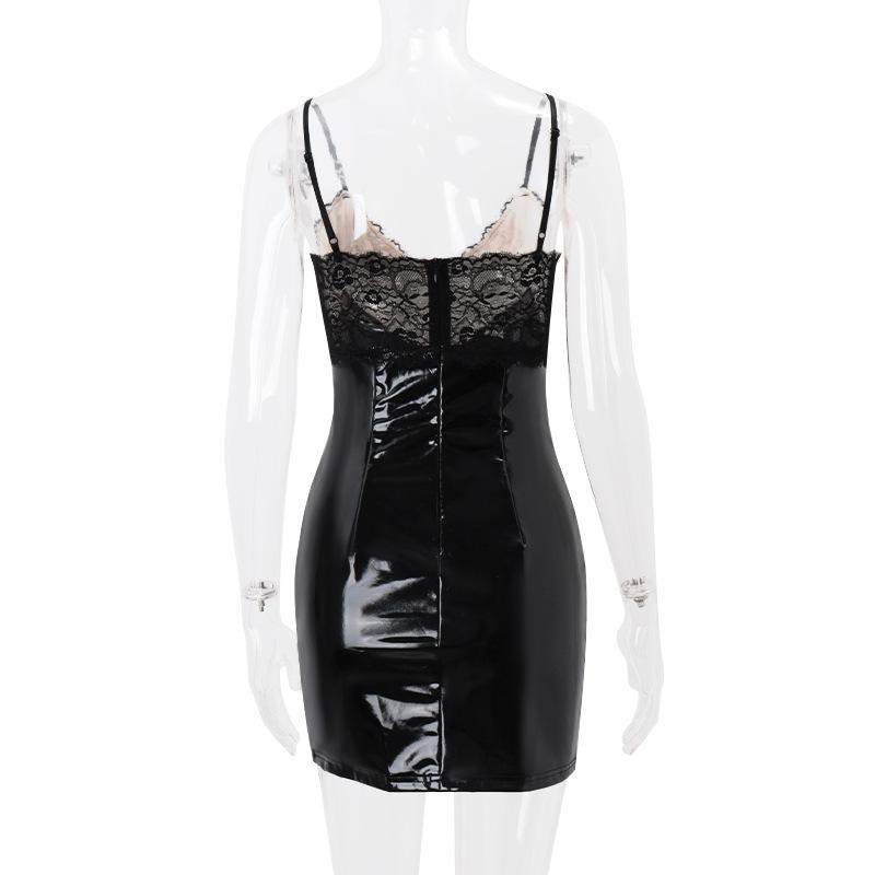Mini-robe zippée en cuir PU avec ourlet en dentelle et col en V 