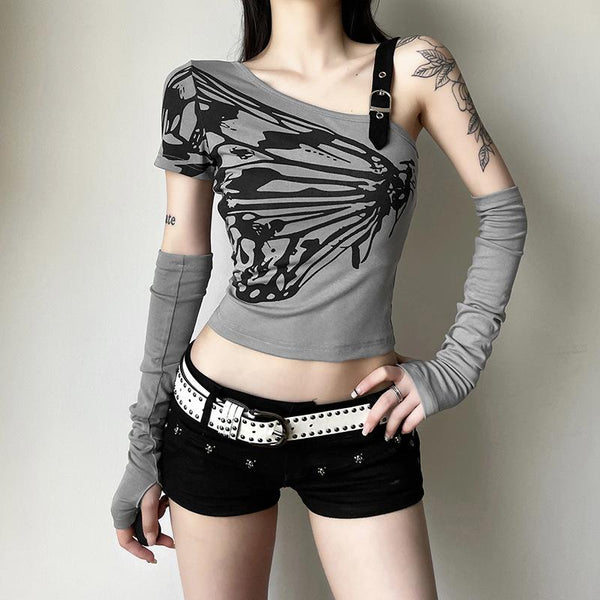 Top con estampado de mariposas y guantes de manga corta irregulares 