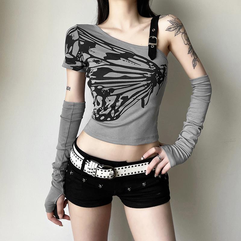 Top con estampado de mariposas y guantes de manga corta irregulares 
