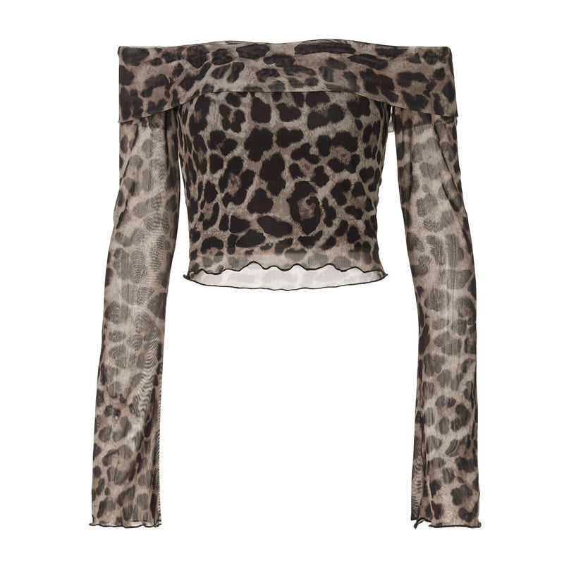 Top con volantes y estampado de leopardo con hombros descubiertos y manga larga 