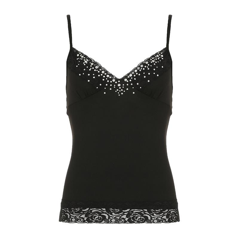 Haut camisole dos nu à col en V et ourlet en dentelle perlée 