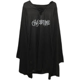 Vestido mini con cuello en V, estampado de letras y mangas largas acampanadas con cordones 