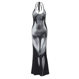 Robe longue à col en U et à nouer soi-même, imprimée sur le corps, avec anneau en O 